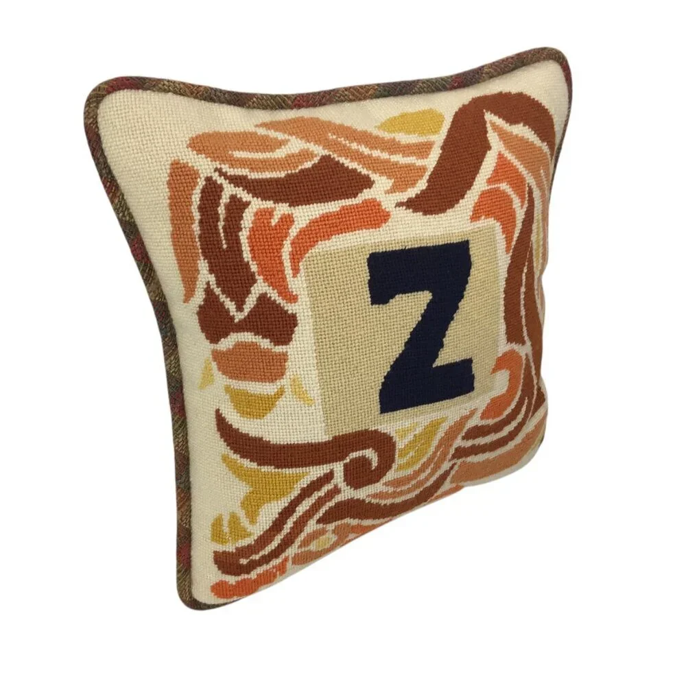 Vintage 1975 Needlepoint Pillow Initial Z Monogram Letter Retro Mod Groovy